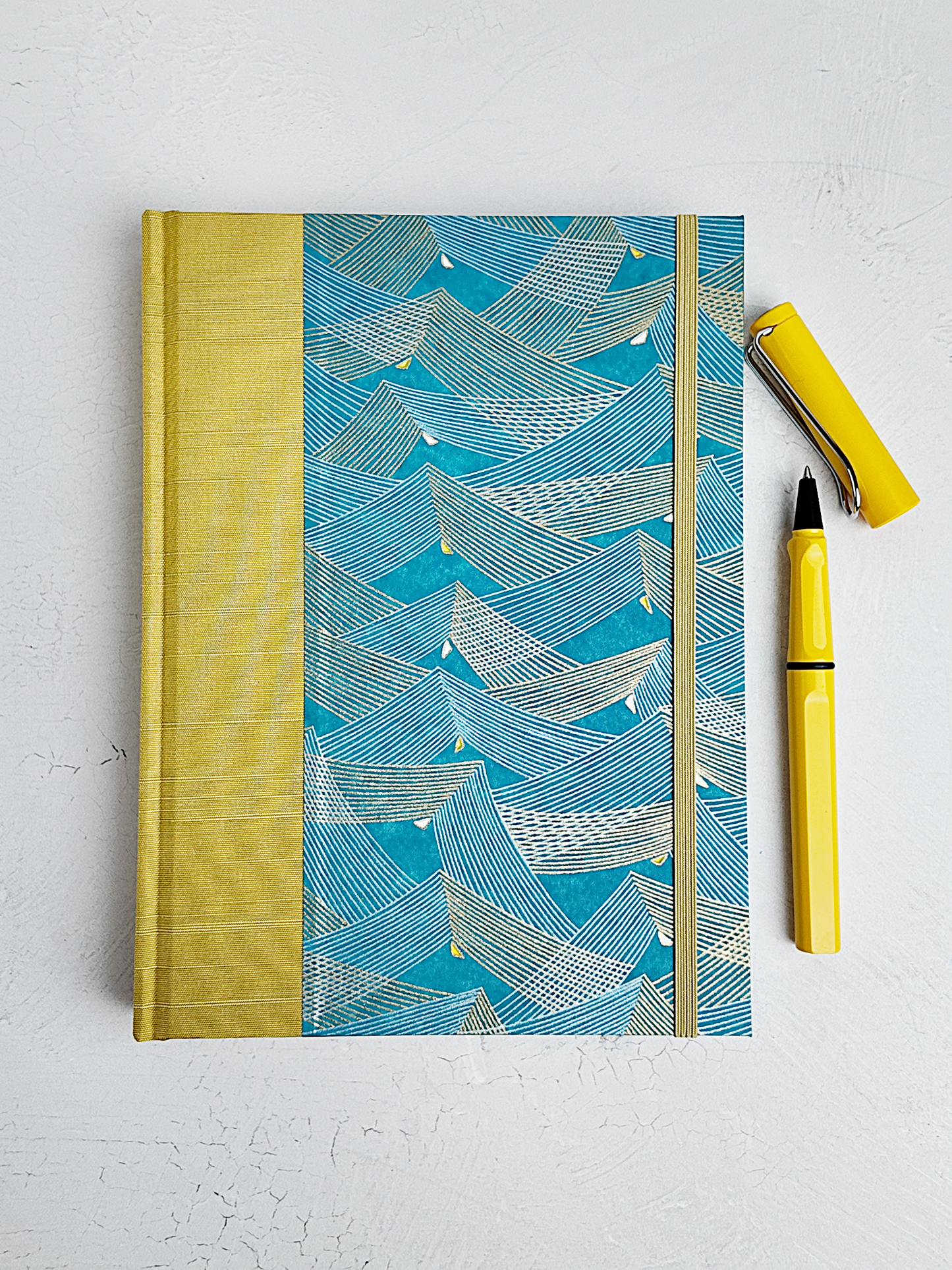 A5 160-page Hardcover Journal finished in Blue and Gold Chiyogami Paper and Yellow Gold Japanese Book Cloth