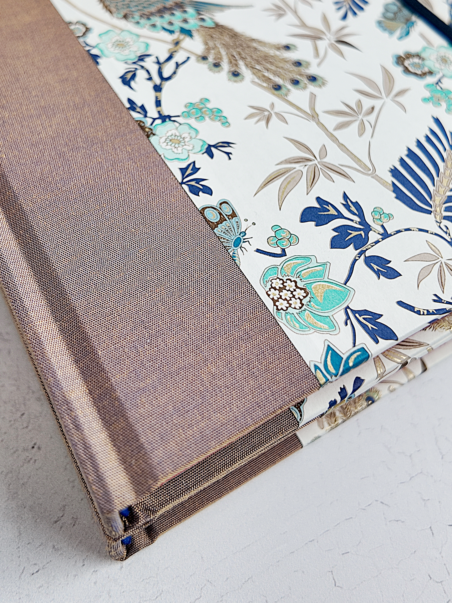 A5 160-page Hardcover Journal finished in botanical Florentine Print and Blue/Gold Japanese Book Cloth