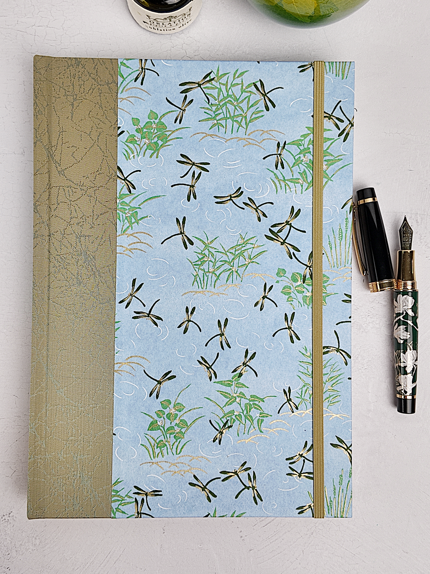 NEW B5 192-page Hardcover Journal finished in Green Japanese Book Cloth and blue Dragonfly Chiyogami Paper