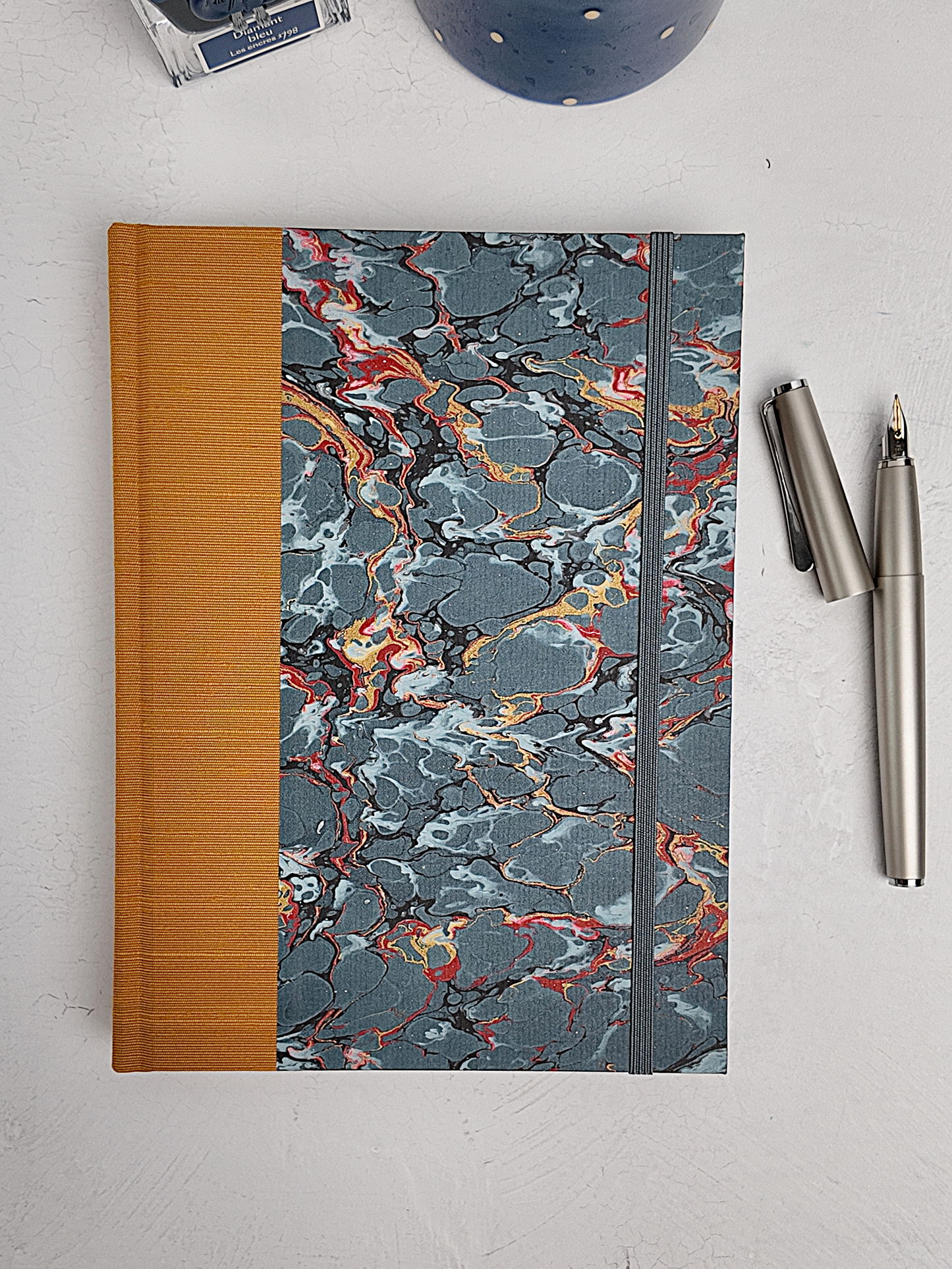 NEW A5 160-page Hardcover Journal finished in Ochre Japanese book cloth and French Marble Paper