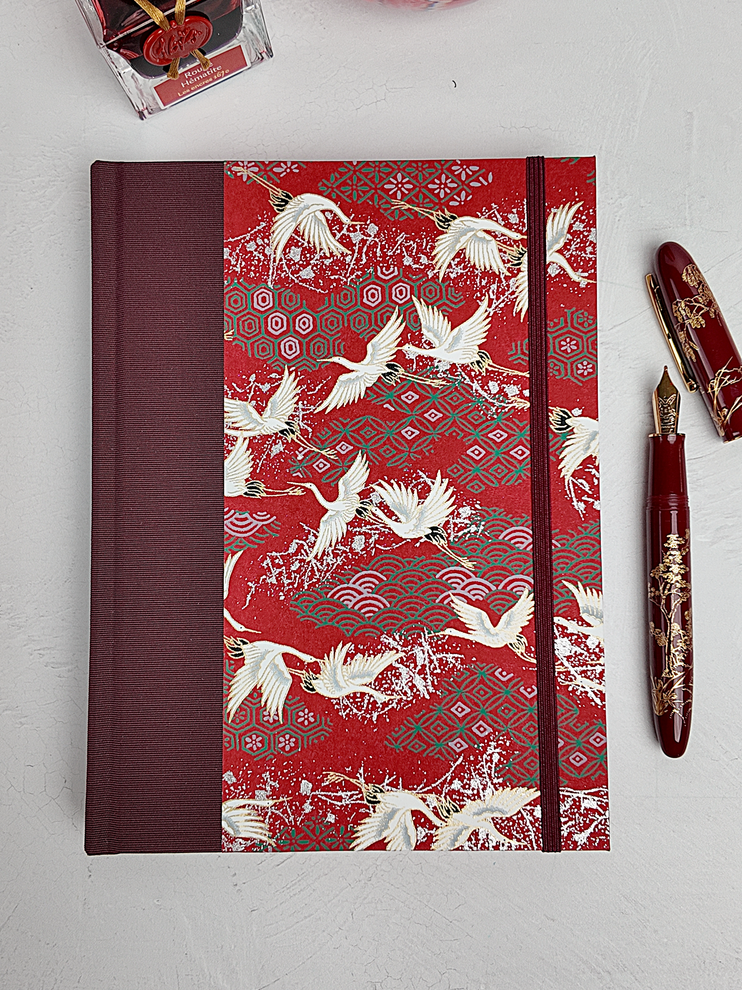 NEW A5 160-page Hardcover Journal finished in Maroon Japanese book cloth and white Cranes on red Chiyogami paper