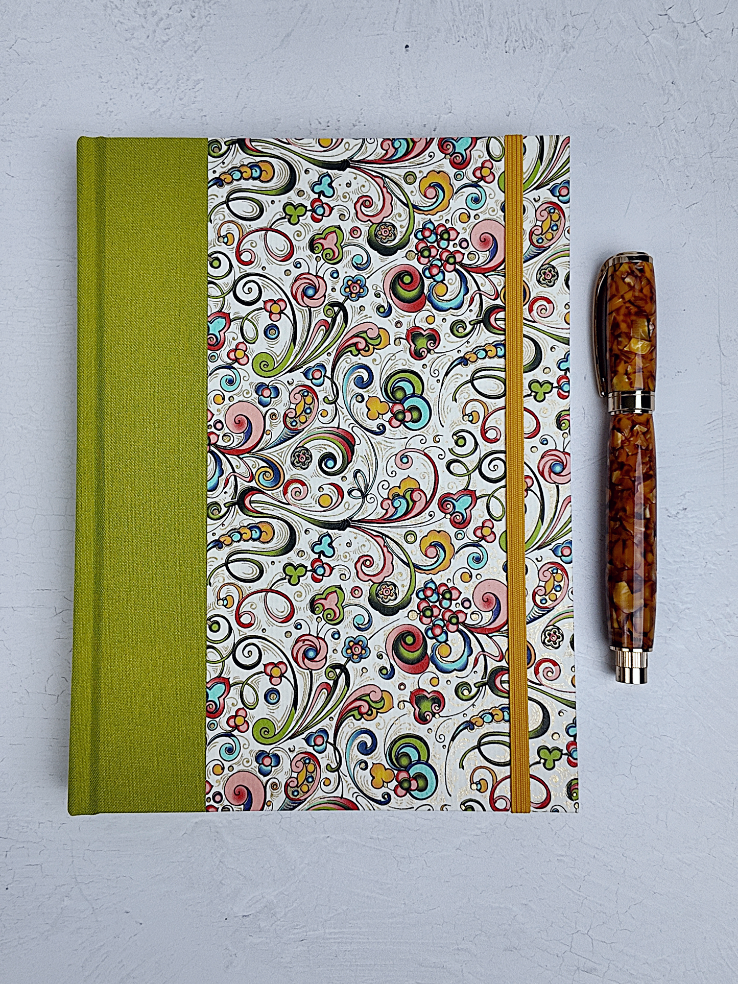 NEW A5 160-page Hardcover Journal finished in Lemongrass Verona book cloth and an Italian Florentine Print