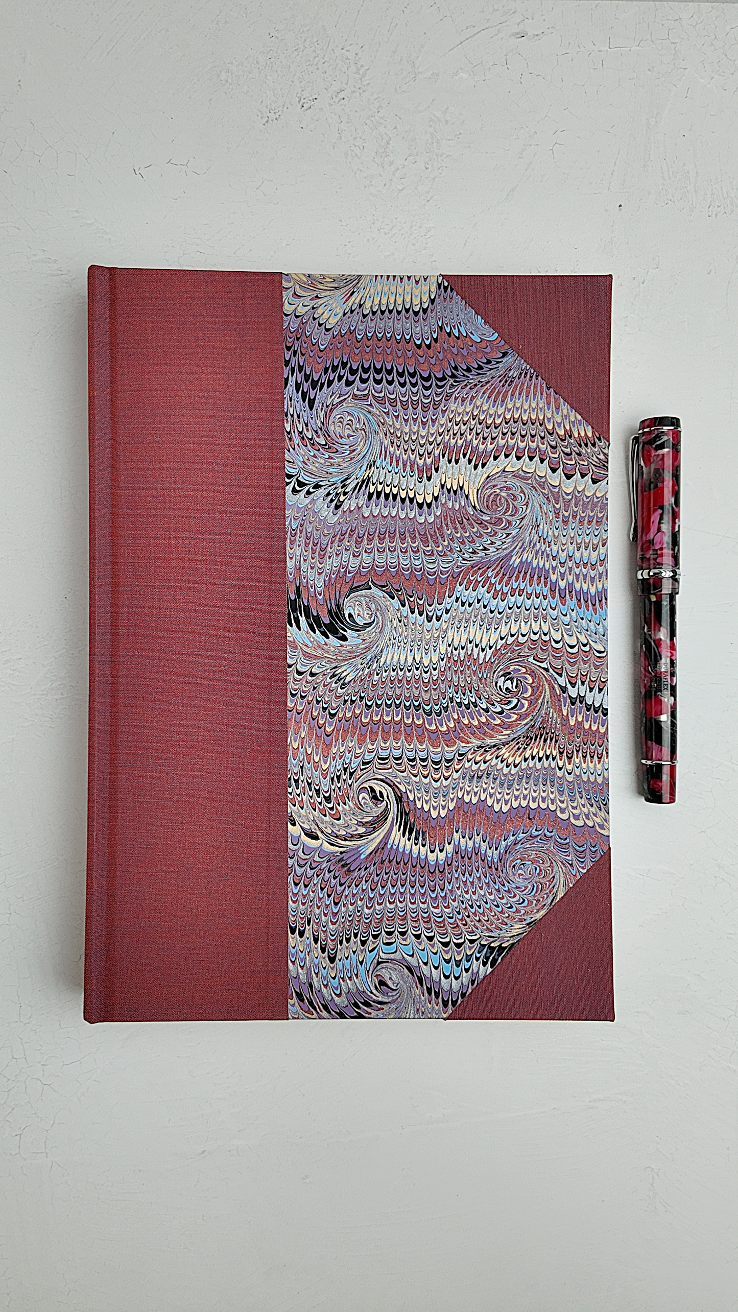 NEW A5 160-page Hardcover Journal finished in Rust Blue Japanese book cloth and Renato Crepaldi hand marbled paper