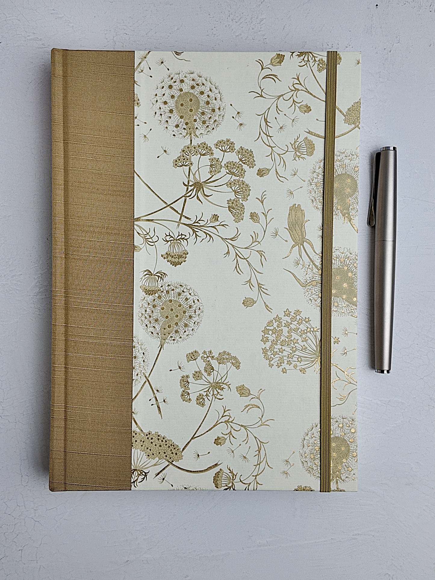 NEW B5 192-page Hardcover Journal finished in Soft Gold Japanese book cloth and Dandelion Italian Florentine print