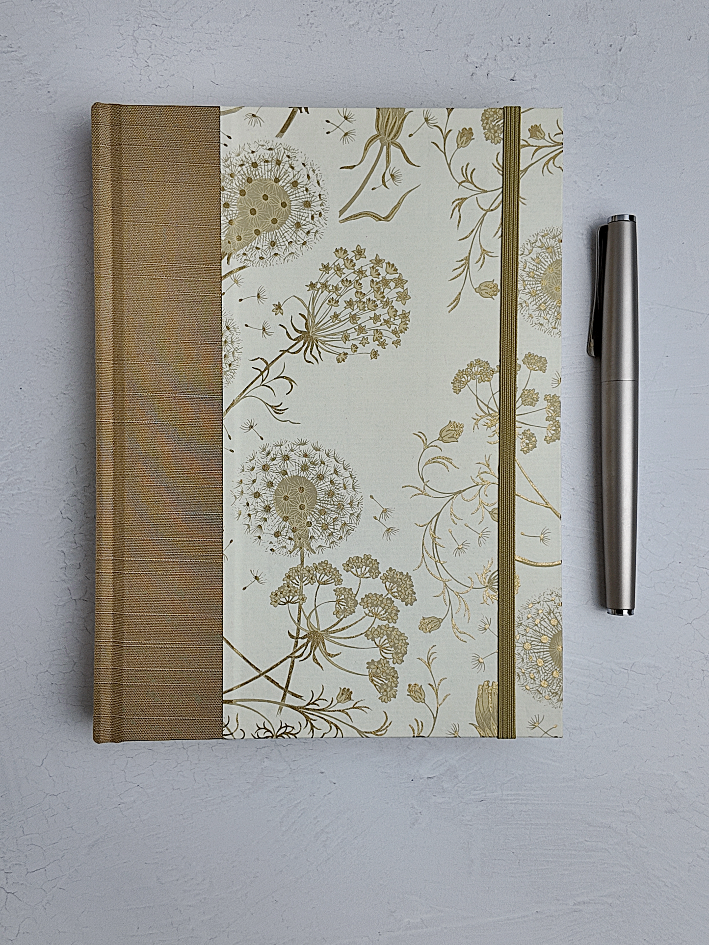NEW A5 160-page Hardcover Journal finished in Soft Gold Japanese book cloth and Dandelion Italian Florentine print