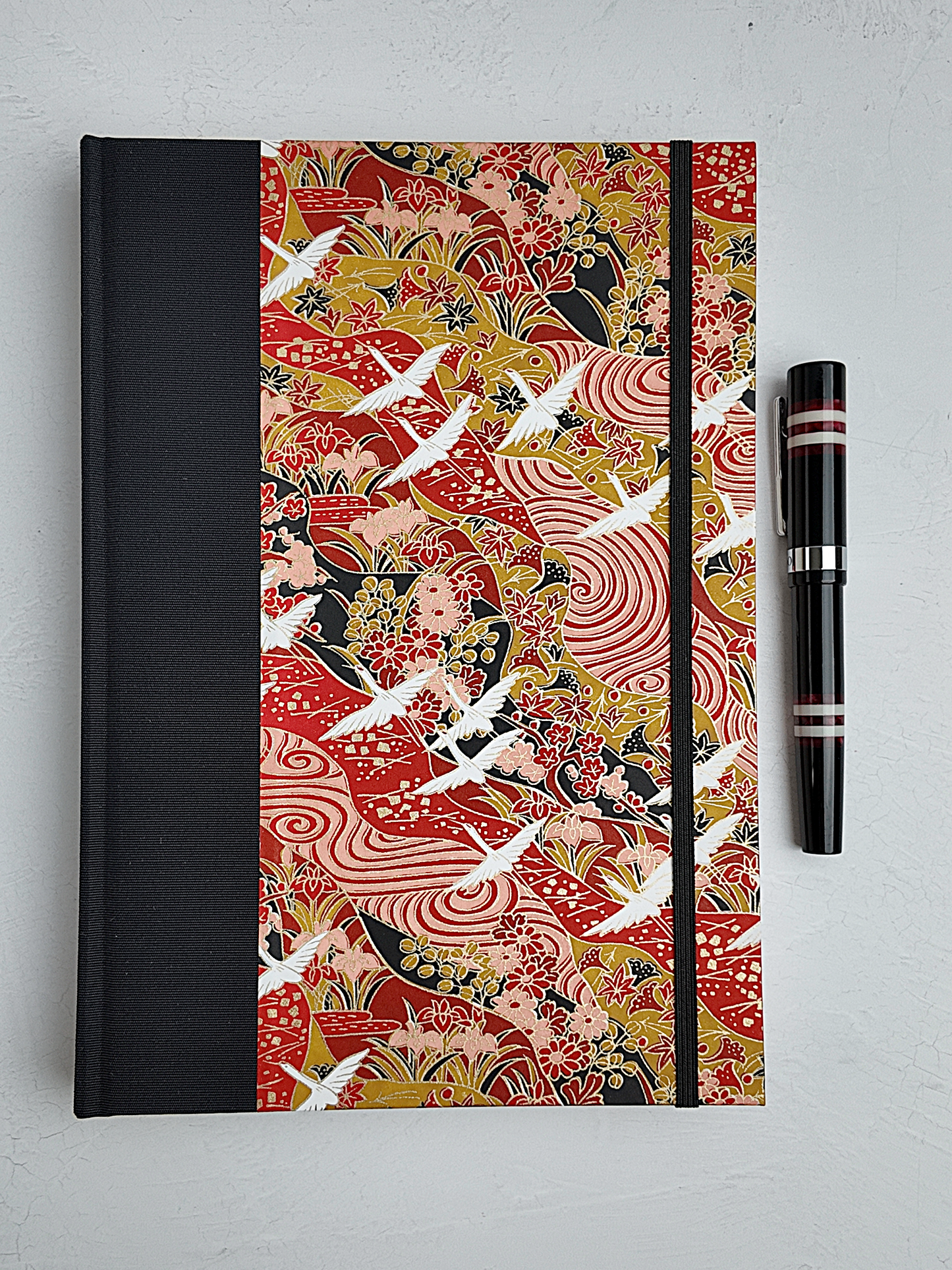 NEW B5 192-page Hardcover Journal finished in Black Japanese book cloth and white Cranes on red Chiyogami Paper