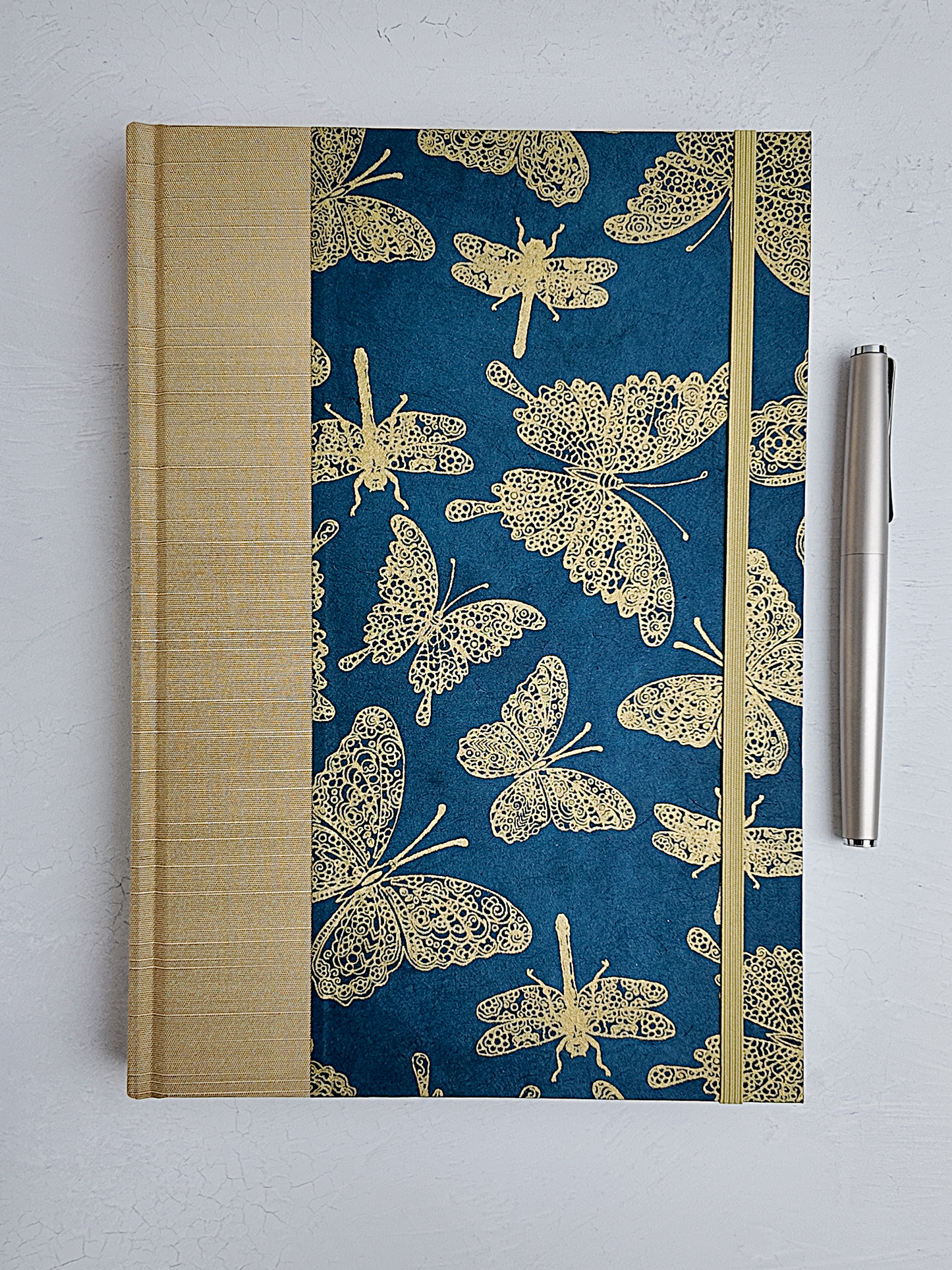 NEW B5 192-page Hardcover Journal finished in Soft Gold Japanese book cloth and blue Nepalese Lokta Paper