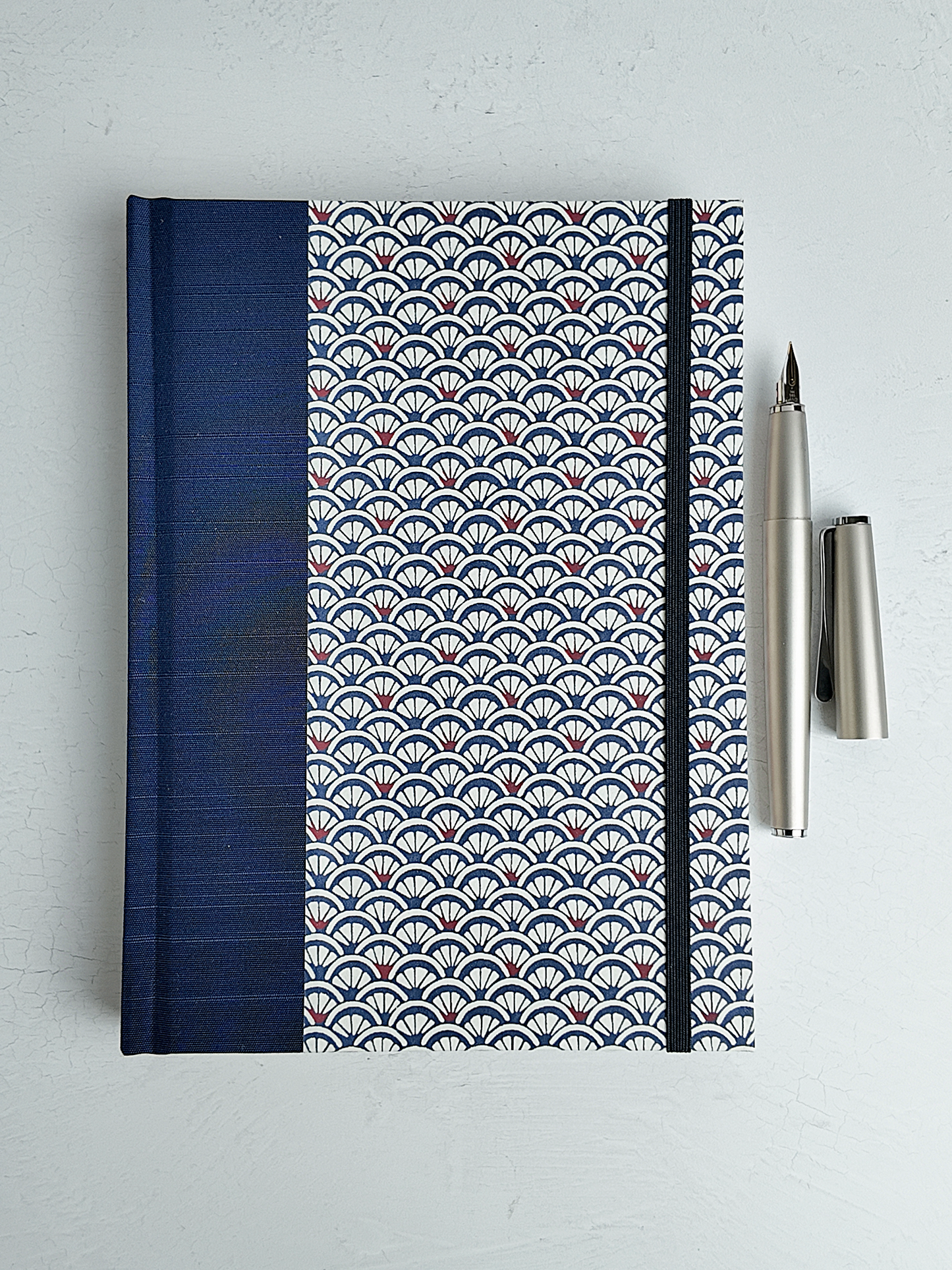 NEW A5 160-page Hardcover Journal finished in Cadet Blue Japanese book cloth and a scallop Chiyogami Paper
