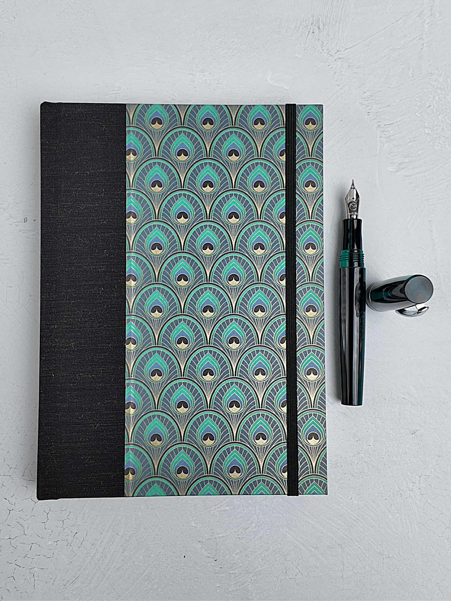 NEW A5 160-page Hardcover Journal finished in Black Mohair Japanese book cloth and a silk screened peacock paper