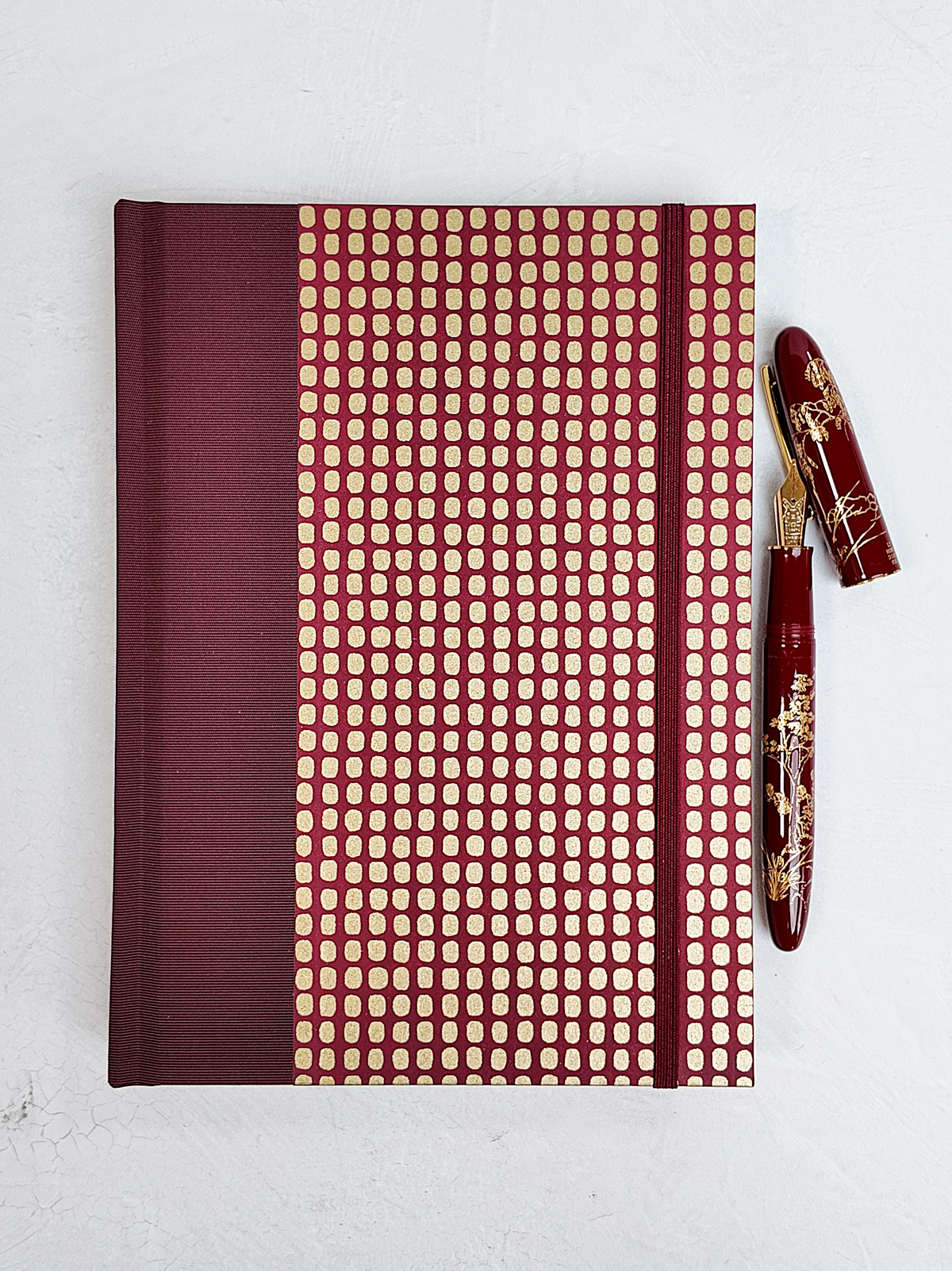PRE-ORDER NEW A5 160-page Hardcover Journal finished in Maroon Japanese Book Cloth and Gold Dots in Maroon Chiyogami Paper