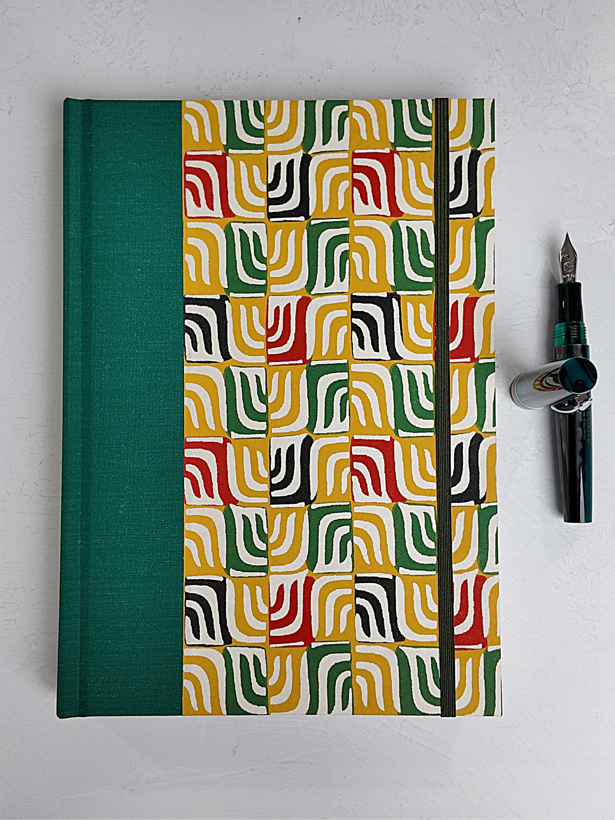 NEW B5 192-page Hardcover Journal finished in Green Mohair Japanese book cloth and abstract Katazome Paper