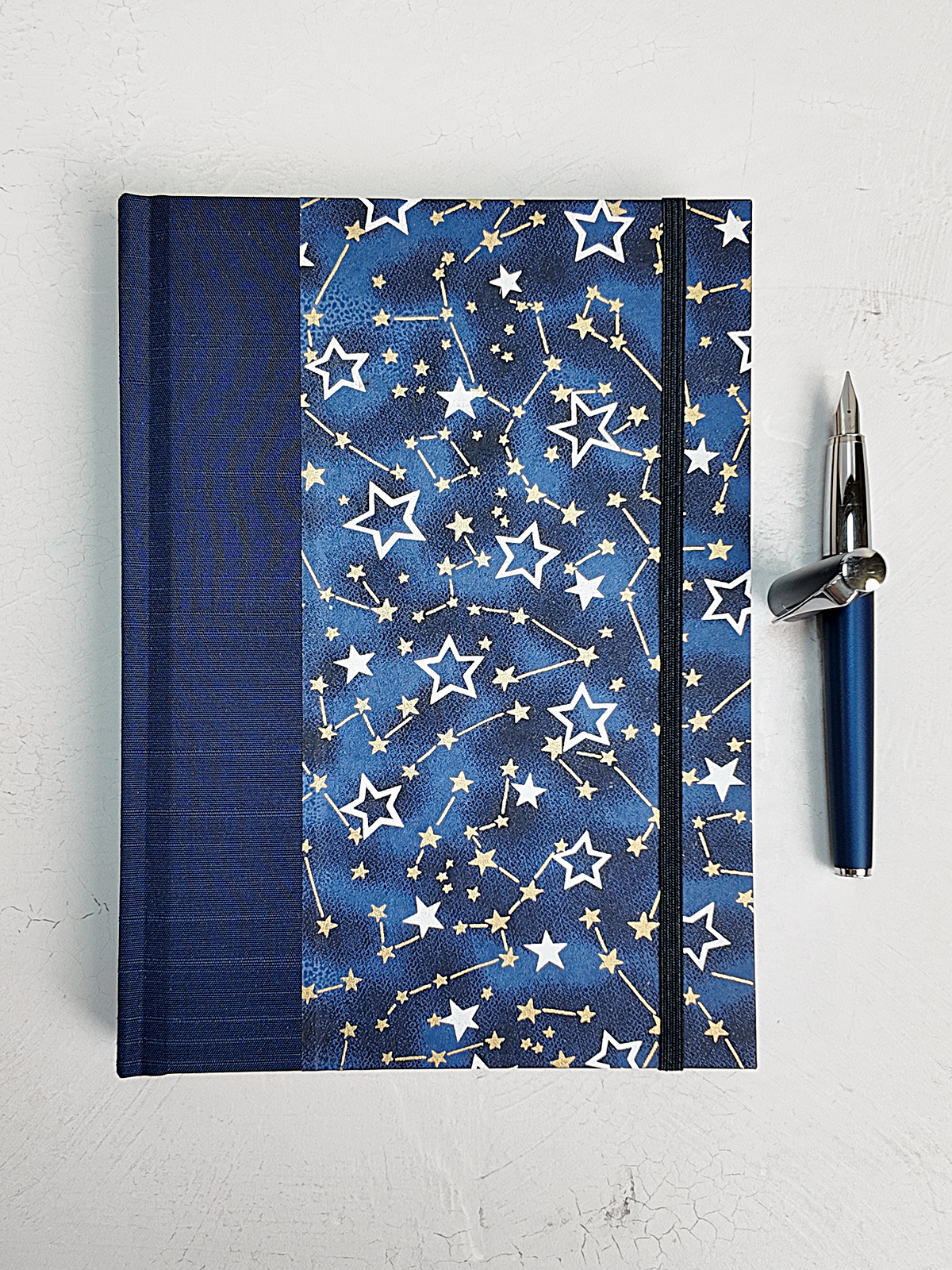PRE-ORDER NEW A5 160-page Hardcover Journal finished in Cadet Blue Japanese Book Cloth and Galaxy Chiyogami Paper