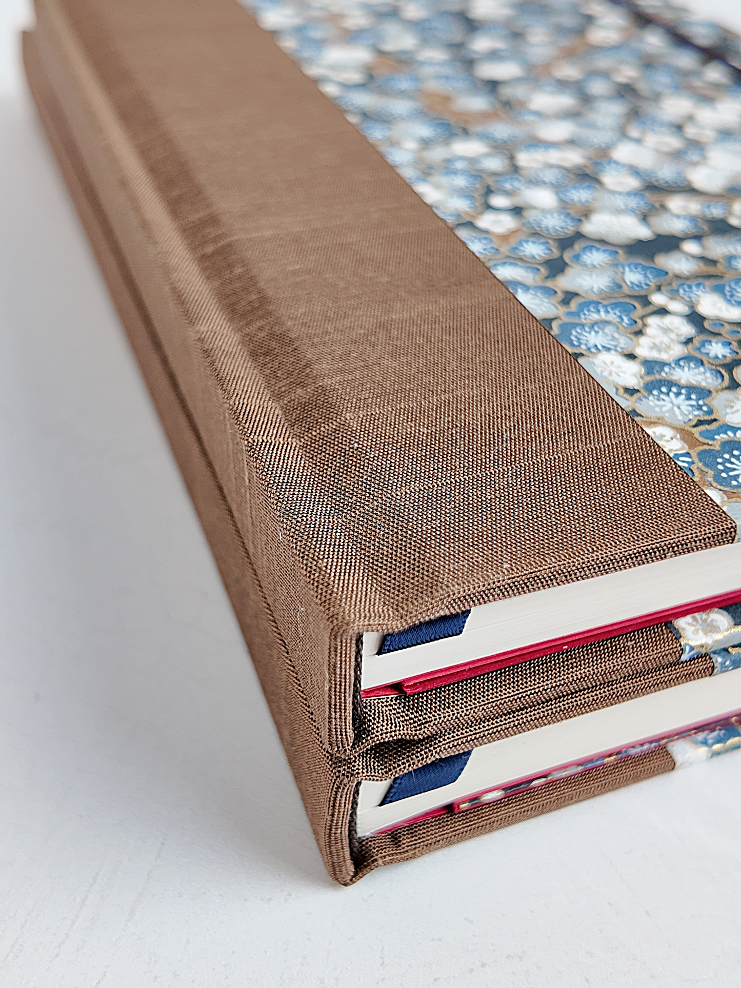 NEW B5 192-page Hardcover Journal finished in brown Japanese book cloth with indigo and gold Cherry Blossom Chiyogami paper