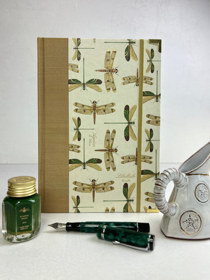 B5 192-page Hardcover Journal finished in Soft Gold Japanese book cloth and Dragonfly Florentine Italian Paper