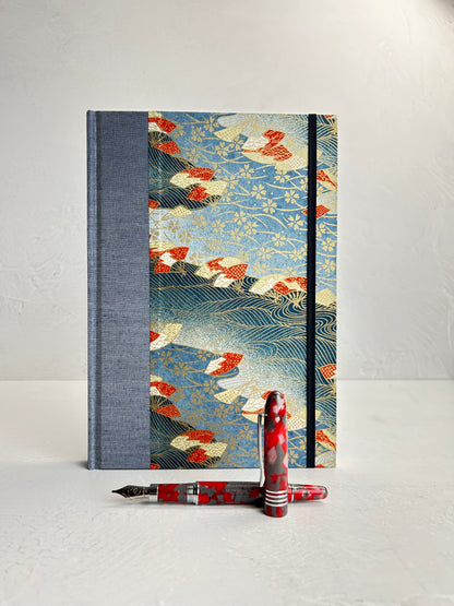 WABI-SABI B5 192-page Hardcover Journal finished in Steel Blue Japanese book cloth and vintage Chiyogami Paper