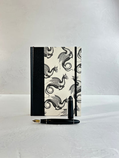 A5 160-page Hardcover Journal finished in Black Vaux Leather and Italian Letterpress dragon design