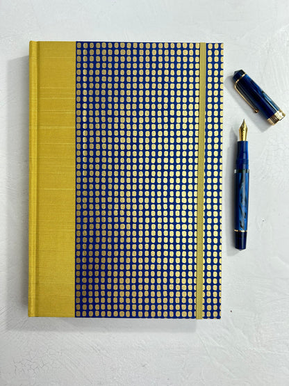 B5 192-page Hardcover Journal finished in Yellow Gold Japanese book cloth and blue and gold Chiyogami Paper