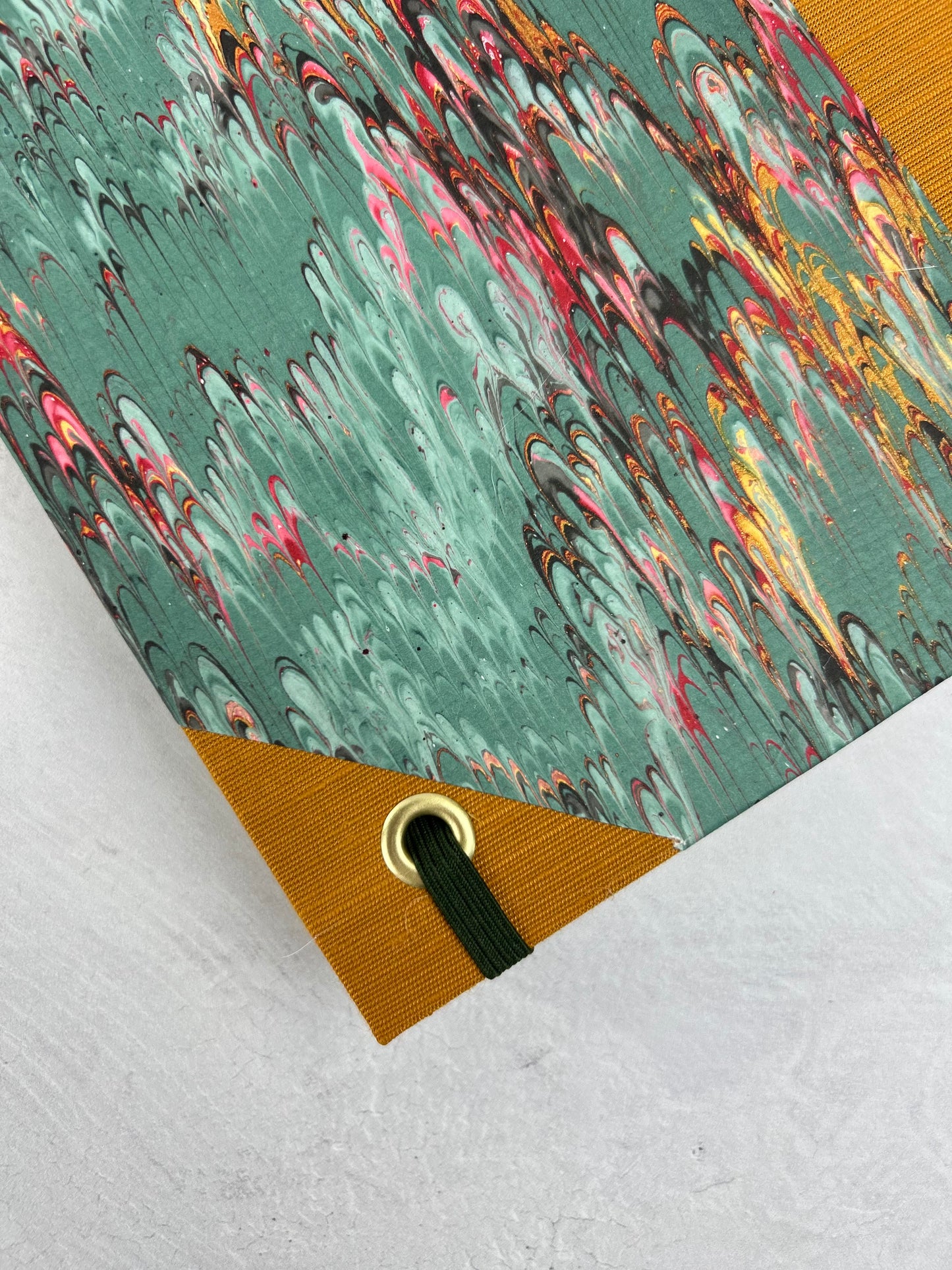 B5 192-page Hardcover Journal finished in Ochre Japanese book cloth and green French Marble Paper