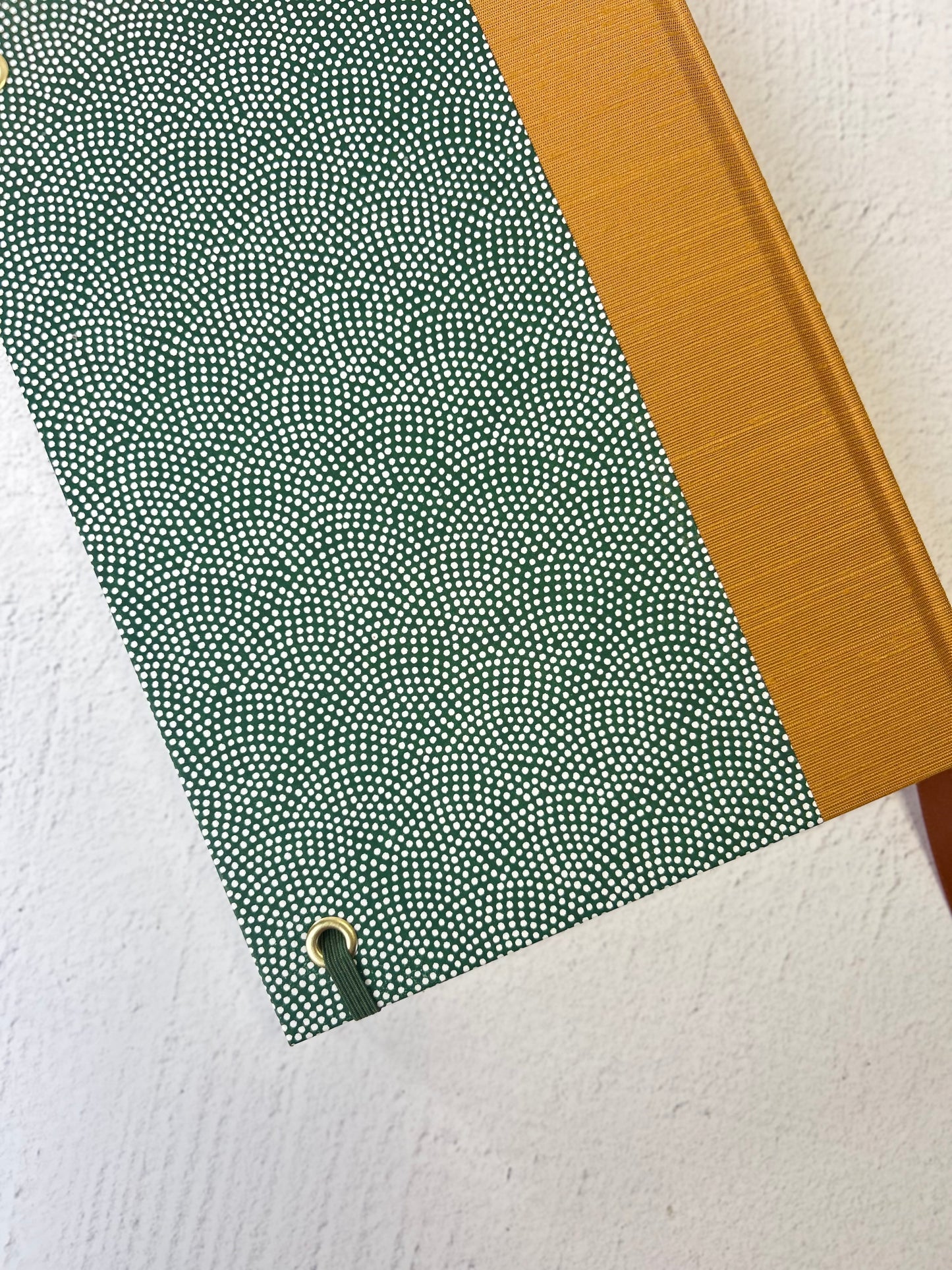 A5 Hardcover Notebook finished in White Polka Dots on Green Chiyogami Paper