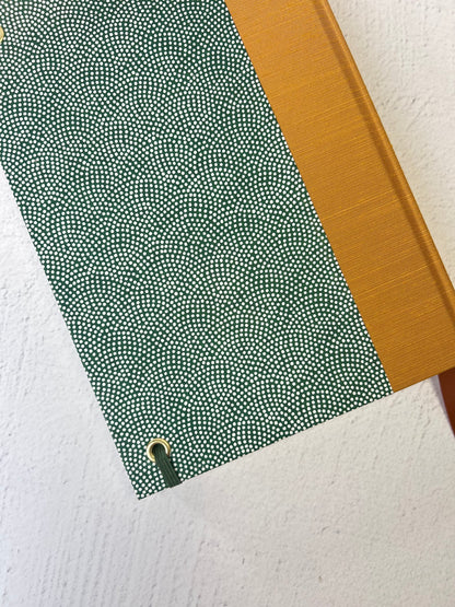 A5 Hardcover Notebook finished in White Polka Dots on Green Chiyogami Paper