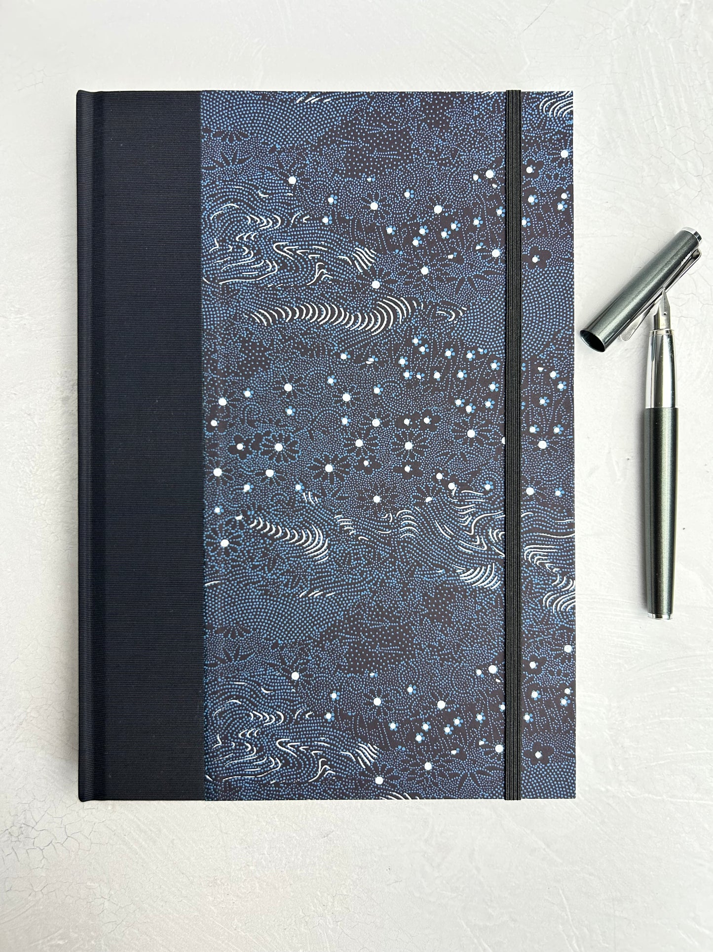 B5 192-page Hardcover Journal finished in Black Japanese book cloth and dark blue Chiyogami Paper
