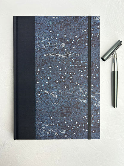 B5 192-page Hardcover Journal finished in Black Japanese book cloth and dark blue Chiyogami Paper