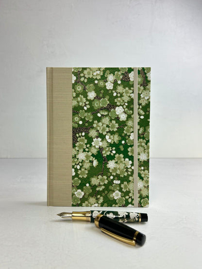 A5 160-page Hardcover Journal finished in Platinum Japanese book cloth and Cherry Blossom Chiyogami Paper