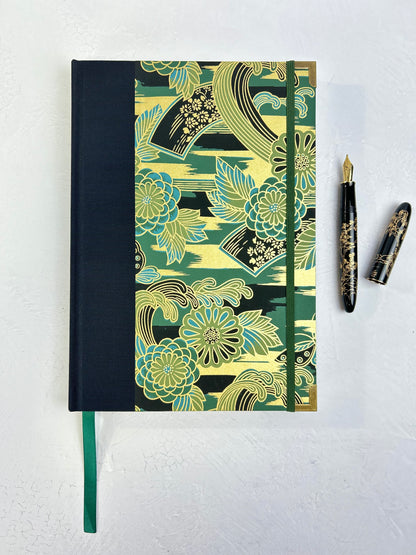 (JANUARY 2026 DELIVERY) B5 Hardcover Notebook finished in Black Japanese book cloth and bold botanical Chiyogami Paper