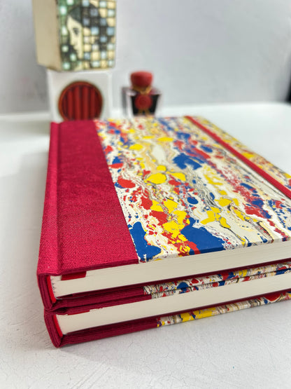 B5 192-page Hardcover Journal finished in Cardinal Red Japanese book cloth and Italian hand-marbled paper by Renato Crepaldi