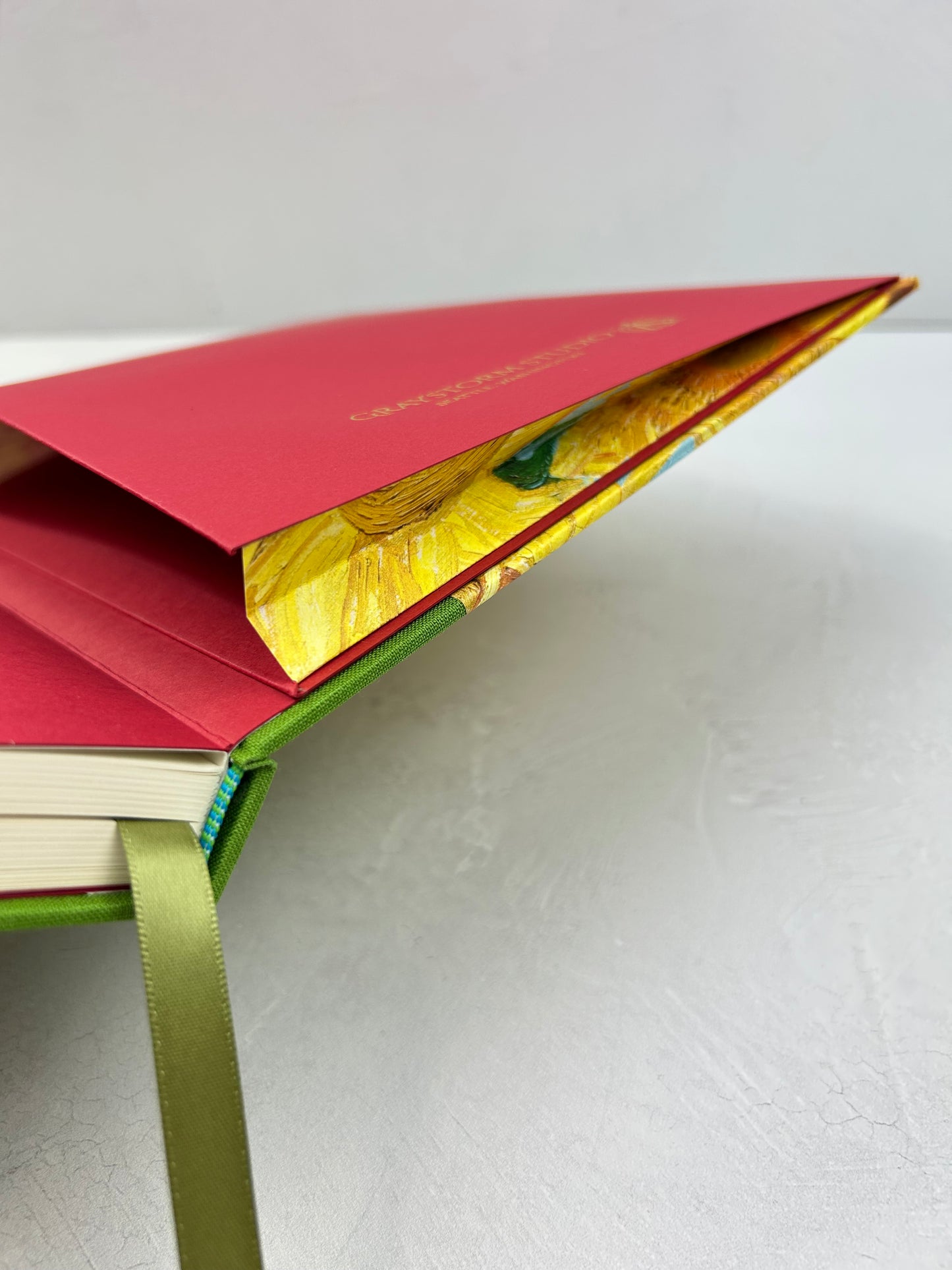 A5 160-page Hardcover Journal finished in Lemon Grass Green Verona book cloth and Sunflowers by Vincent Van Gogh