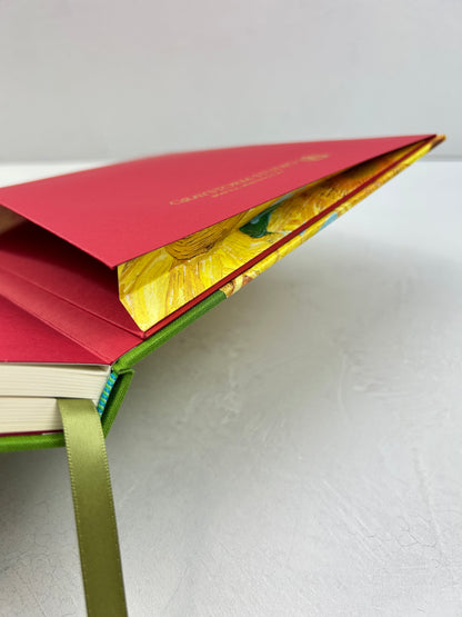 A5 160-page Hardcover Journal finished in Lemon Grass Green Verona book cloth and Sunflowers by Vincent Van Gogh