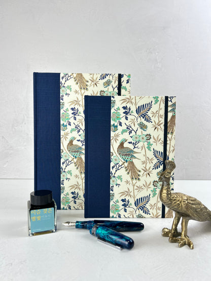 B5 Hardcover Notebook finished in Cadette Blue Japanese book cloth and Gold Peacock Italian Print