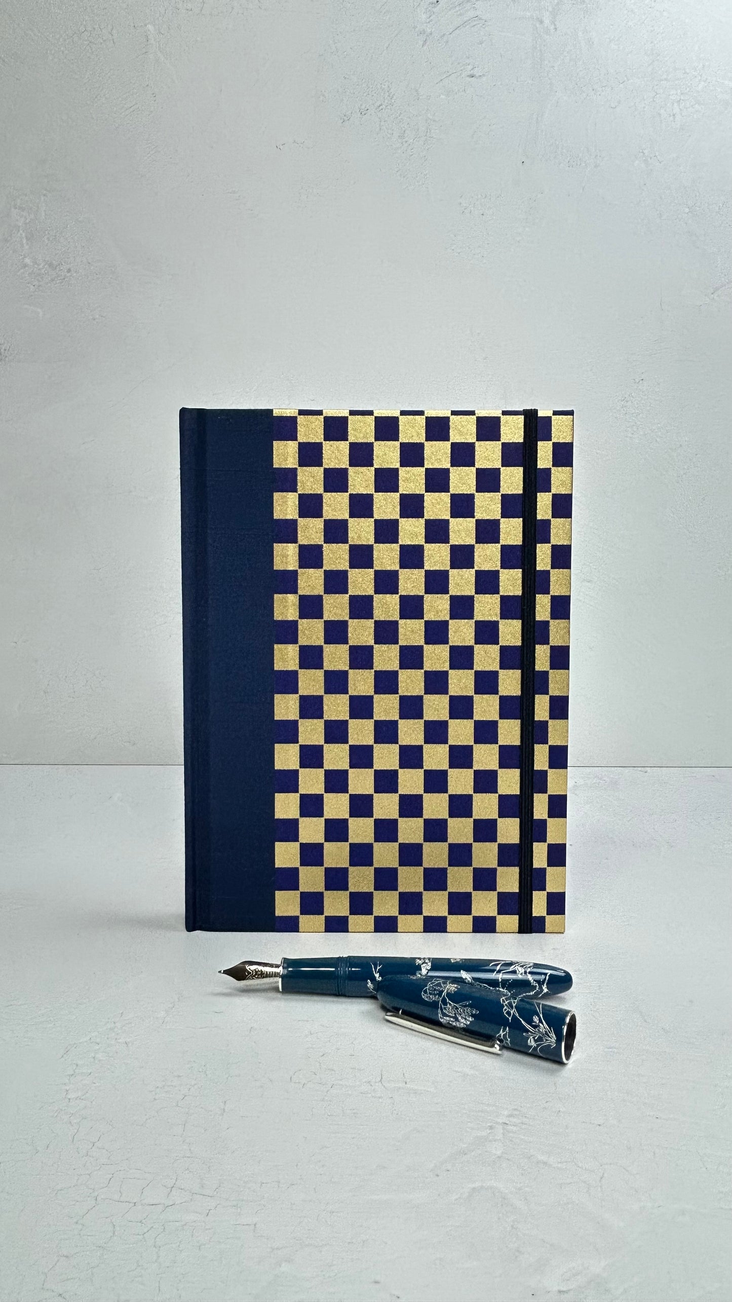 A5 160-page Hardcover Journal finished in Cadet Blue Japanese book cloth and Checkered Chiyogami Paper