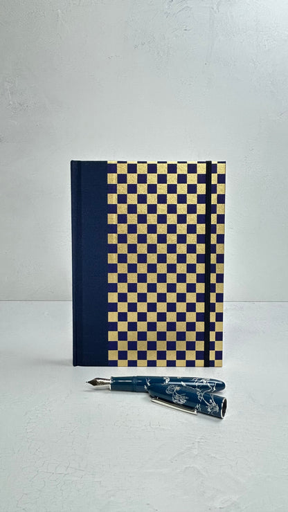 A5 160-page Hardcover Journal finished in Cadet Blue Japanese book cloth and Checkered Chiyogami Paper