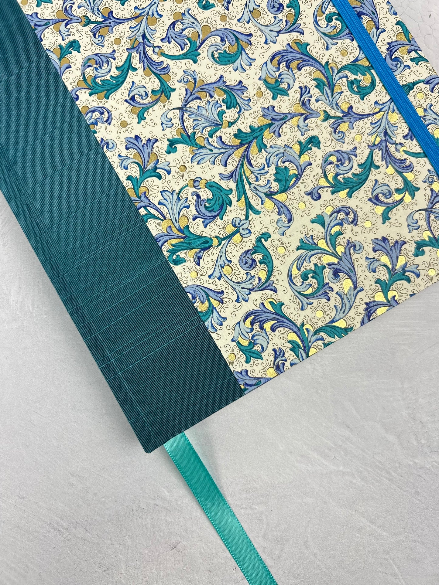 A5 160-page Hardcover Journal finished in Marine Blue Japanese book cloth and blue paisley Florentine Italian print