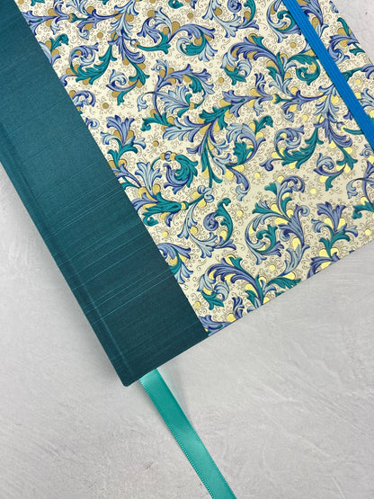 A5 160-page Hardcover Journal finished in Marine Blue Japanese book cloth and blue paisley Florentine Italian print