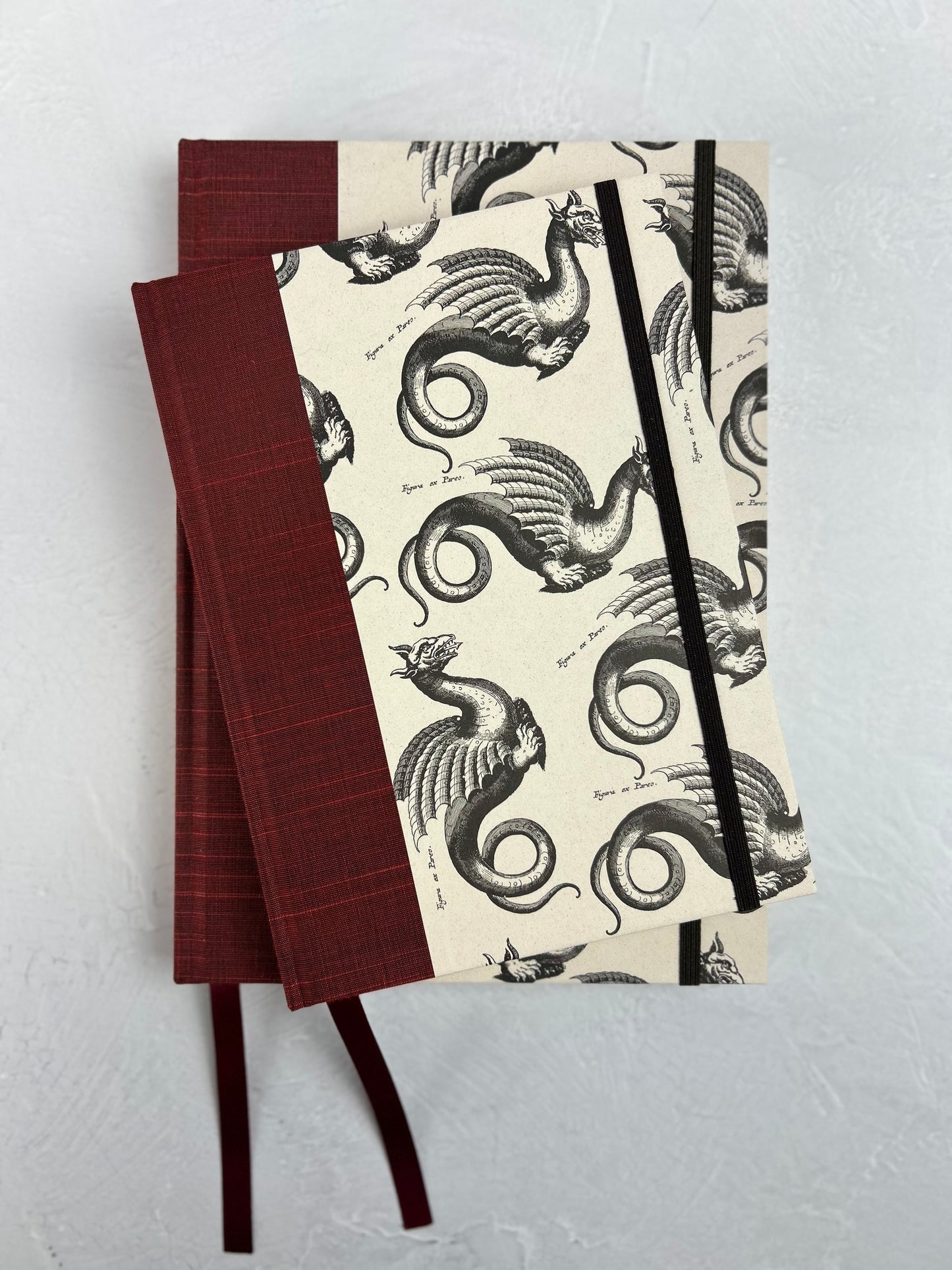 NEW A5 Hardcover Notebook finished in Blood Red Japanese book cloth and Italian Medieval Letterpress Dragons Paper
