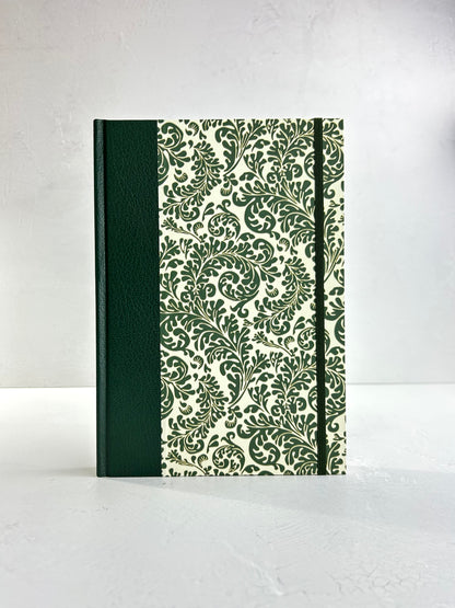 B5 192-page Hardcover Journal finished in Green Vaux Leather and green and gold fern Italian Florentine print