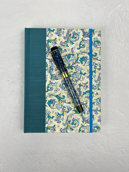 A5 160-page Hardcover Journal finished in Marine Blue Japanese book cloth and blue paisley Florentine Italian print
