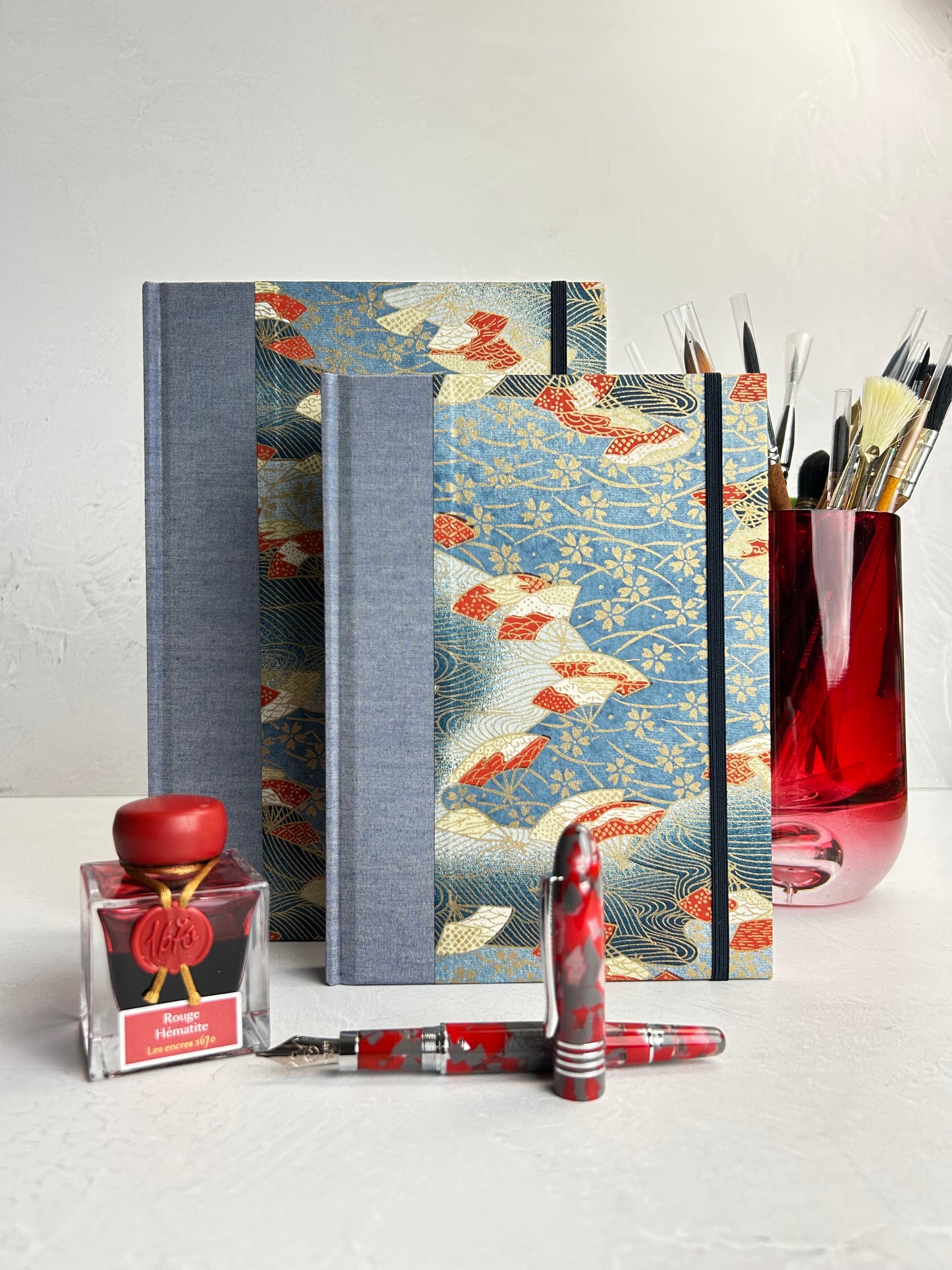 WABI-SABI B5 192-page Hardcover Journal finished in Steel Blue Japanese book cloth and vintage Chiyogami Paper