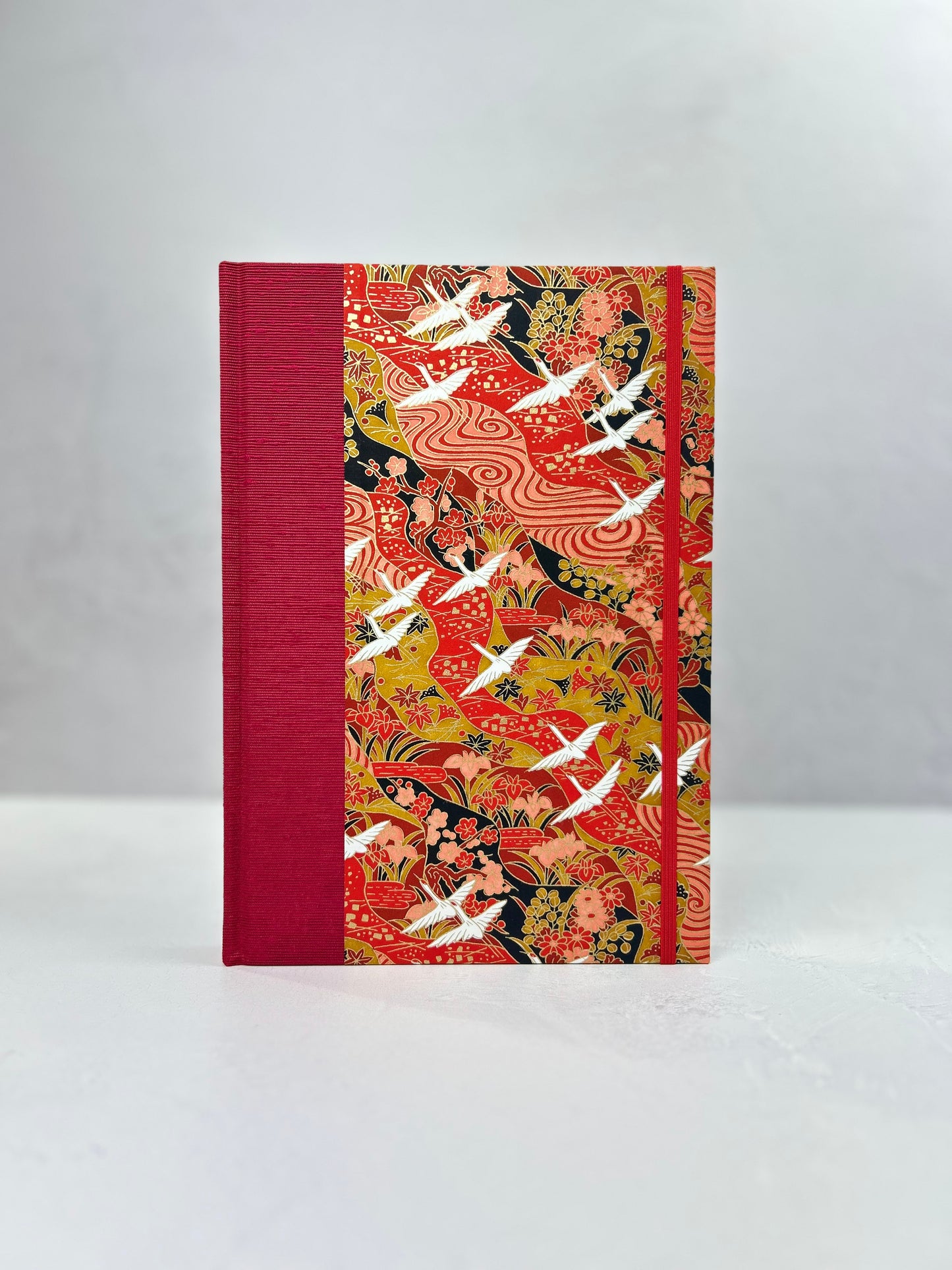 NEW B5 Hardcover Notebook finished in Cardinal Red Japanese book cloth and White Cranes on Red Chiyogami Paper