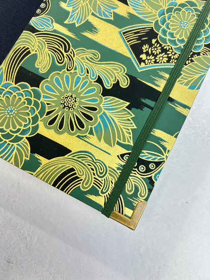 A5 Hardcover Notebook finished in Black Japanese book cloth and bold botanical Chiyogami Paper