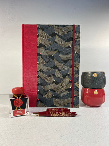 (PRE-ORDER October Delivery) B5 192-page Hardcover Notebook finished in Cardinal Red Japanese Bookcloth and Black and Gold Chiyogami Japanese Paper