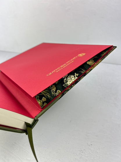 B5 Hardcover Notebook finished in Olive Green Japanese book cloth and Vintage Chiyogami Paper