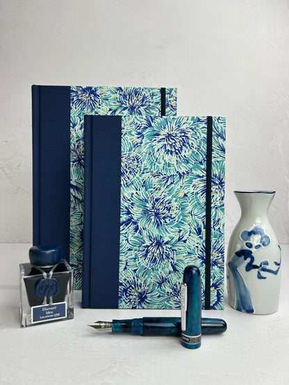 B5 192-page Hardcover Journal finished in cadette blue Japanese book cloth and blue Peonies Chiyogami Paper