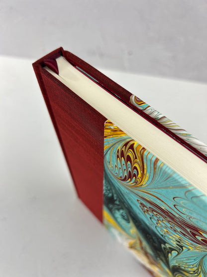 B5 192-page Hardcover Journal finished in Dark Red Japanese book cloth and hand marbled paper by Daniel Gaál