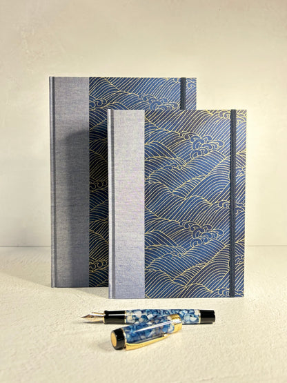 (PRE-ORDER October Delivery) A5 Hardcover Notebook finished in Golden Waves on Blue Chiyogami Paper
