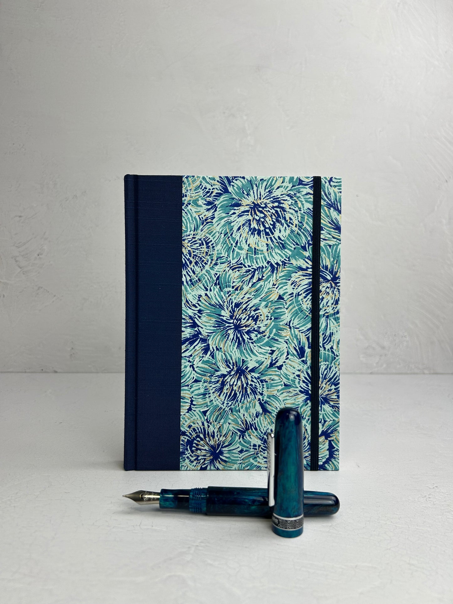 A5 160-page Hardcover finished in cadette blue Japanese book cloth and blue Peonies Chiyogami Paper