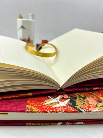 NEW B5 Hardcover Notebook finished in Cardinal Red Japanese book cloth and White Cranes on Red Chiyogami Paper