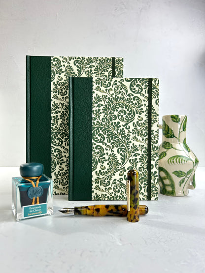 A5 160-page Hardcover Journal finished in Green Vaux Leather and green and gold fern Italian Florentine print